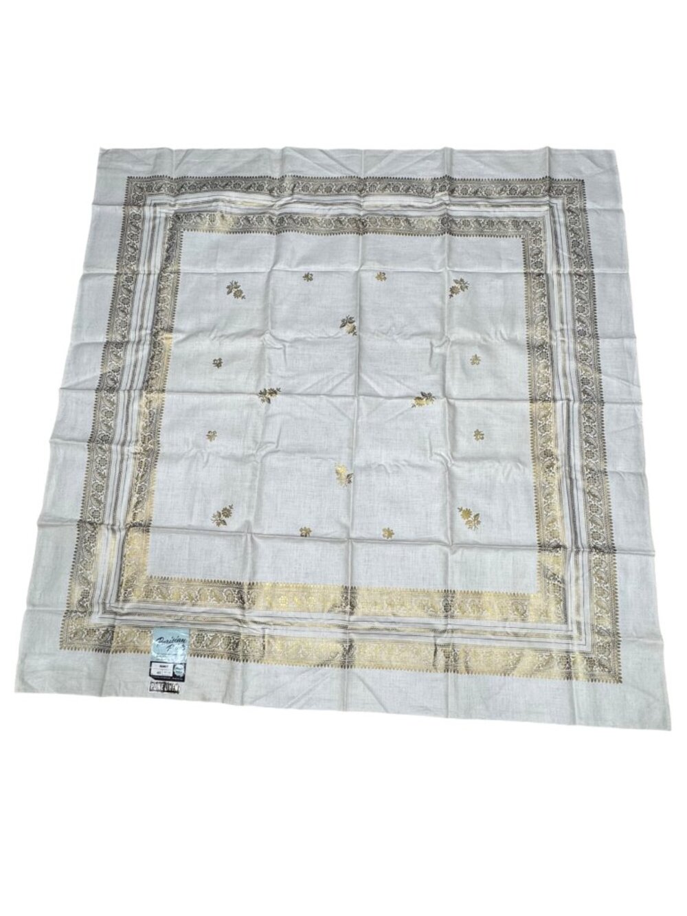 Parisian Prints Kismet Pure Linen 52" Square Tablecloth Gold Foil Floral Border
